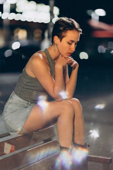 A young woman sitting thoughtfully in an urban setting at night with artistic bokeh lights.