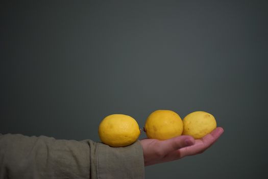 A hand holding three ripe yellow lemons against a minimalist backdrop.