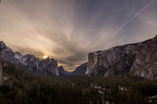 Free Breathtaking sunrise over Yosemite Valley with stunning rock formations and winter snow. Stock Photo