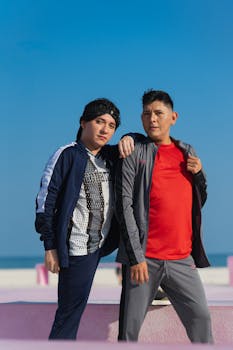 Two friends in casual sportswear pose together outdoors in Progreso, Mexico, with a bright blue sky.