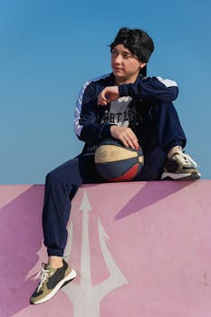 A young man in sportswear posing with a basketball against a bright blue sky, sitting on a pink wall.