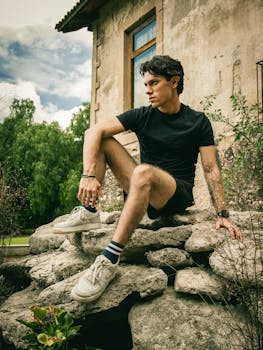 A young man in casual clothing poses on rocks outdoors near an old building.