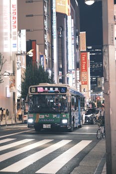 A vibrant night scene in Tokyo showcasing a bus, pedestrians, and city lights.