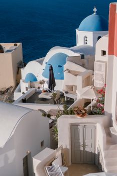 Stunning view of Santorini's iconic white and blue architecture against the Aegean Sea.