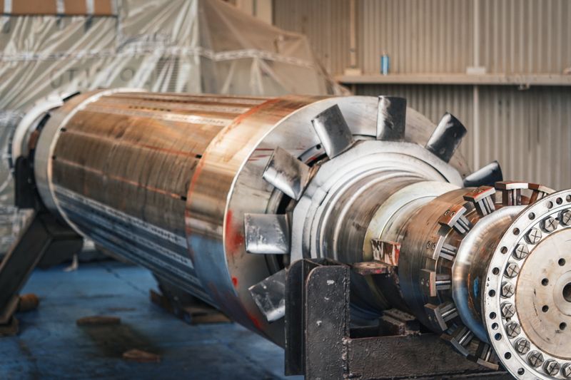 Close-up of heavy industrial rotor machinery in a workshop