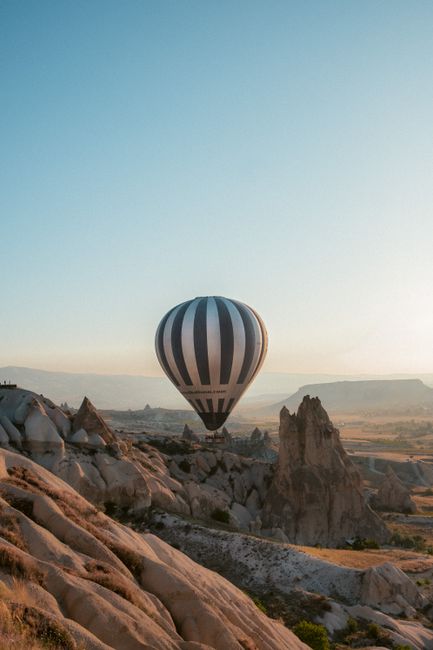 A mesmerizing hot air balloon flight over the unique rocky landscape of Cappadocia at sunrise.