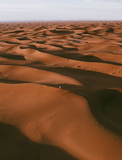 A breathtaking aerial view of the sand dunes in the Sahara Desert under a bright sky.