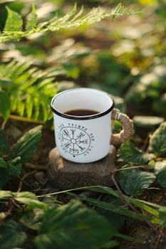 Enamel mug with herbal tea setting on forest floor, surrounded by vibrant leaves.