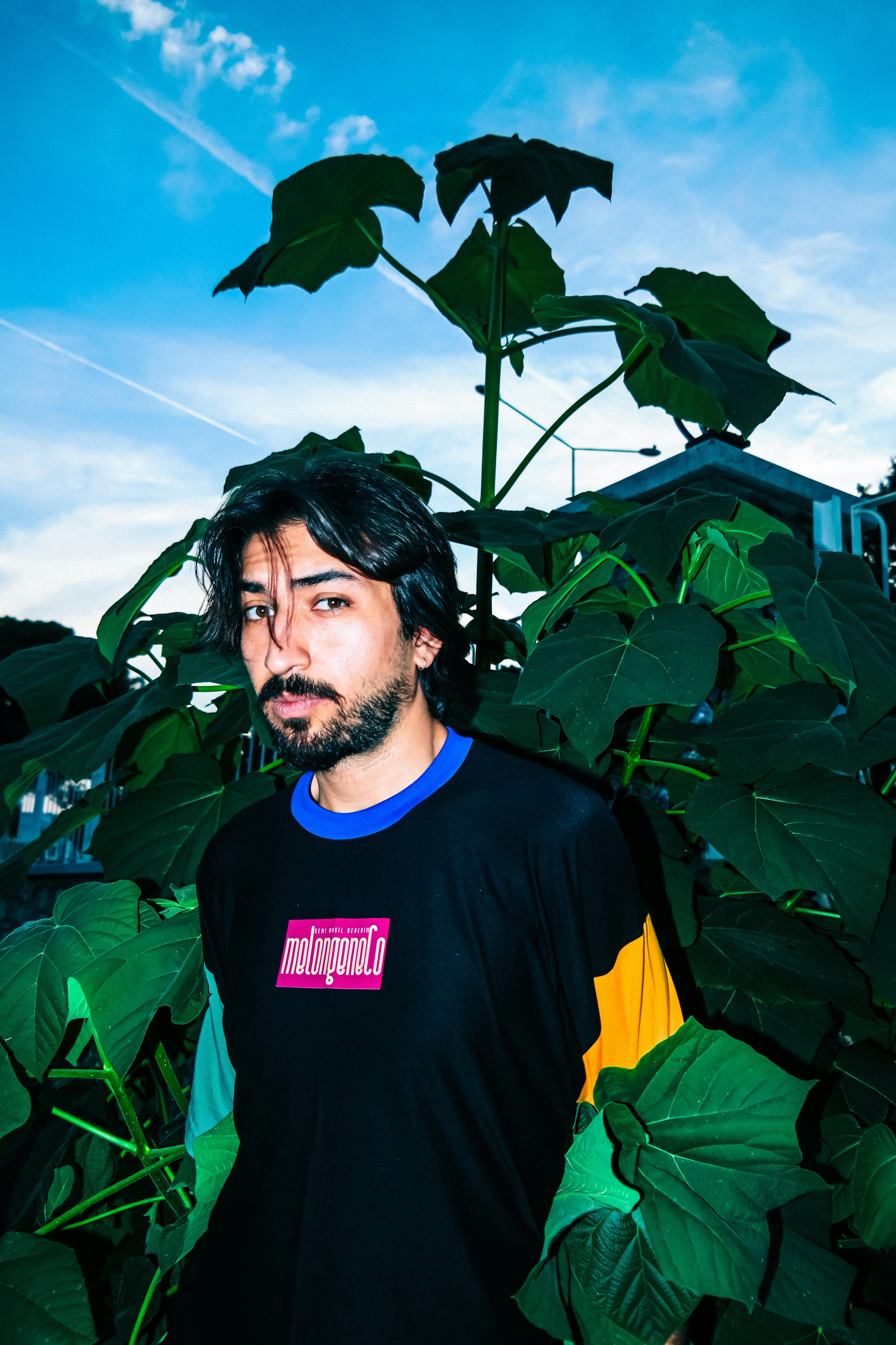 A man stands amidst dense green foliage under a bright blue sky, creating a vivid outdoor portrait.