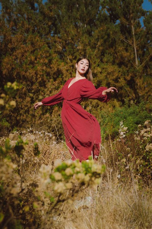 Free A woman in a red dress poses elegantly in a natural outdoor setting during fall. Stock Photo