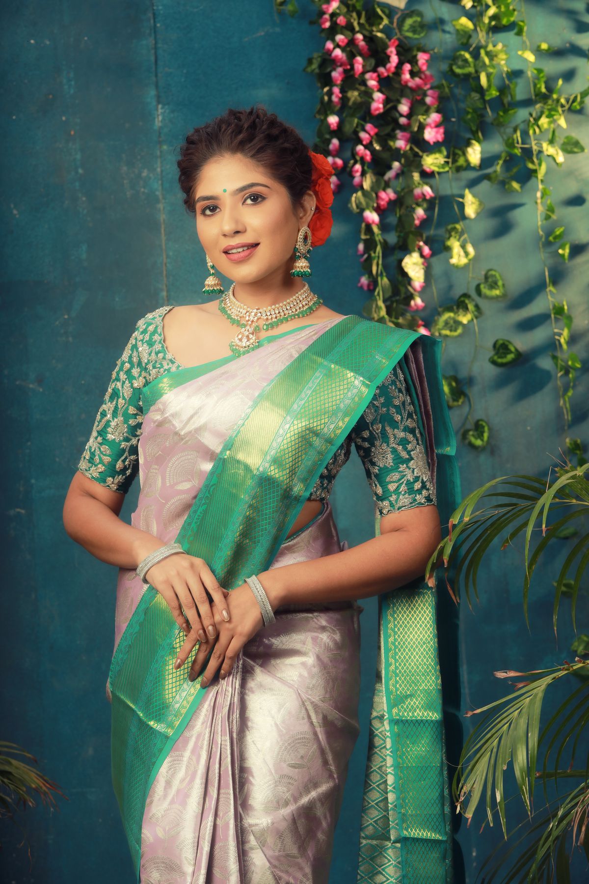 Woman in green silk saree