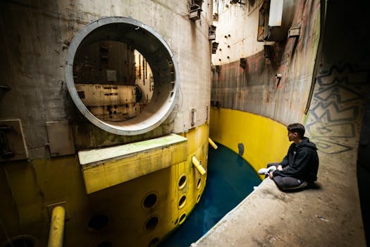 A man sitting in an abandoned industrial tunnel with vivid colors.