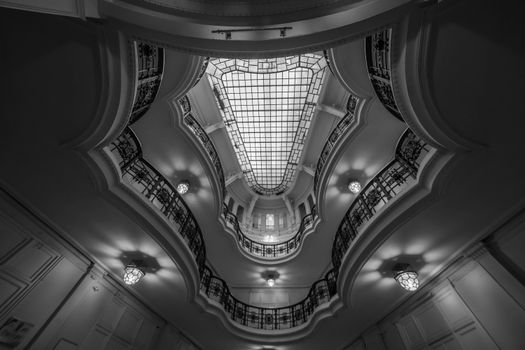 Black and white photograph of a building with a skylight