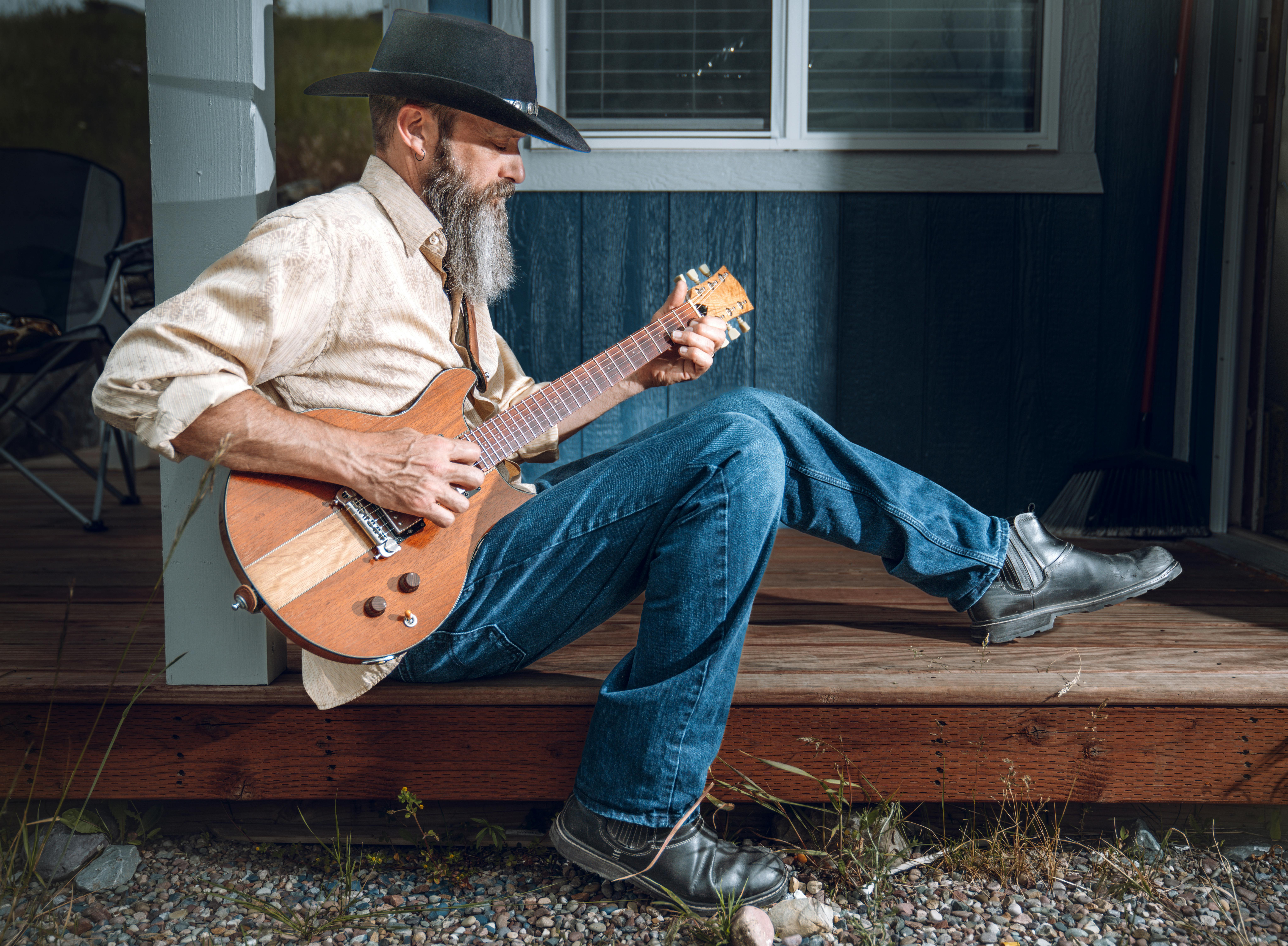 https://www.pexels.com/photo/a-man-with-a-beard-and-hat-playing-an-acoustic-guitar-28054986/