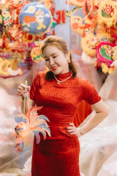 Woman in traditional dress enjoying a festive Asian lantern festival indoors with colorful decorations.