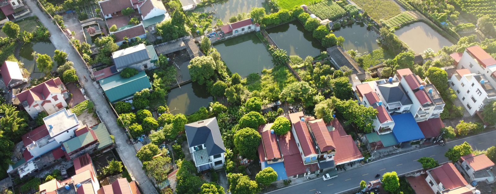 Scenic aerial view of a rural village with lush greenery and ponds, capturing village life from above.