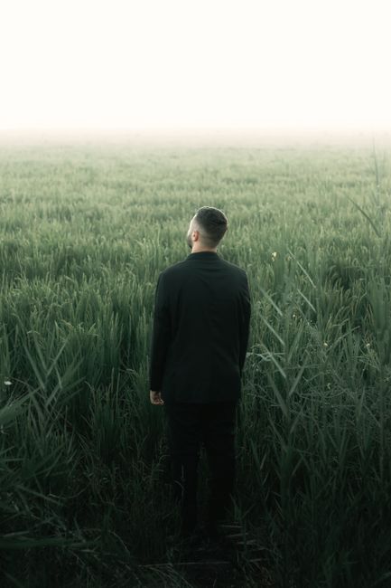 A lone man in a dark suit stands in a misty, expansive green field, conveying solitude.