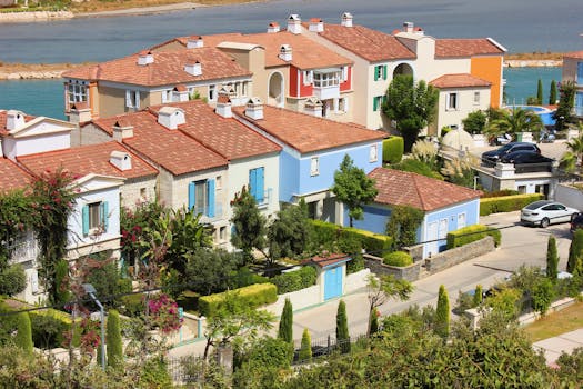 Charming row of vibrant Mediterranean-style houses by the sea, perfect for a serene coastal vacation.