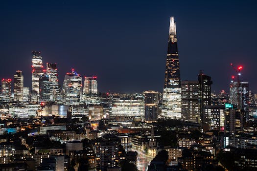 A vibrant night view of London's skyline with The Shard and city lights.