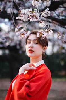 一幅女子肖像，她身穿红色外套，静静地站在樱花树下