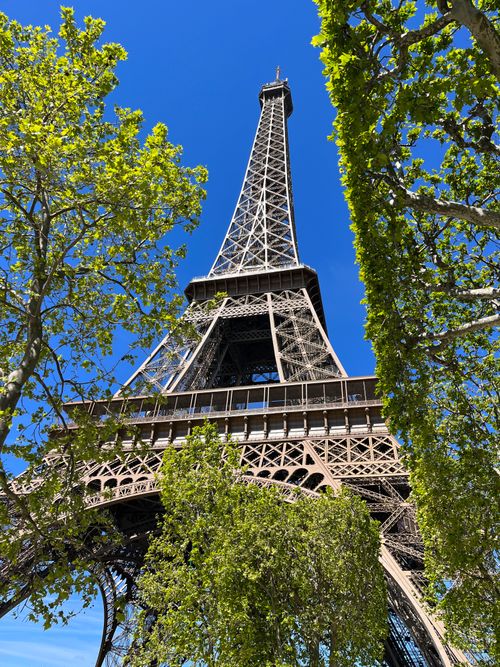 Free The iconic Eiffel Tower rises above lush green trees on a clear spring day. Stock Photo