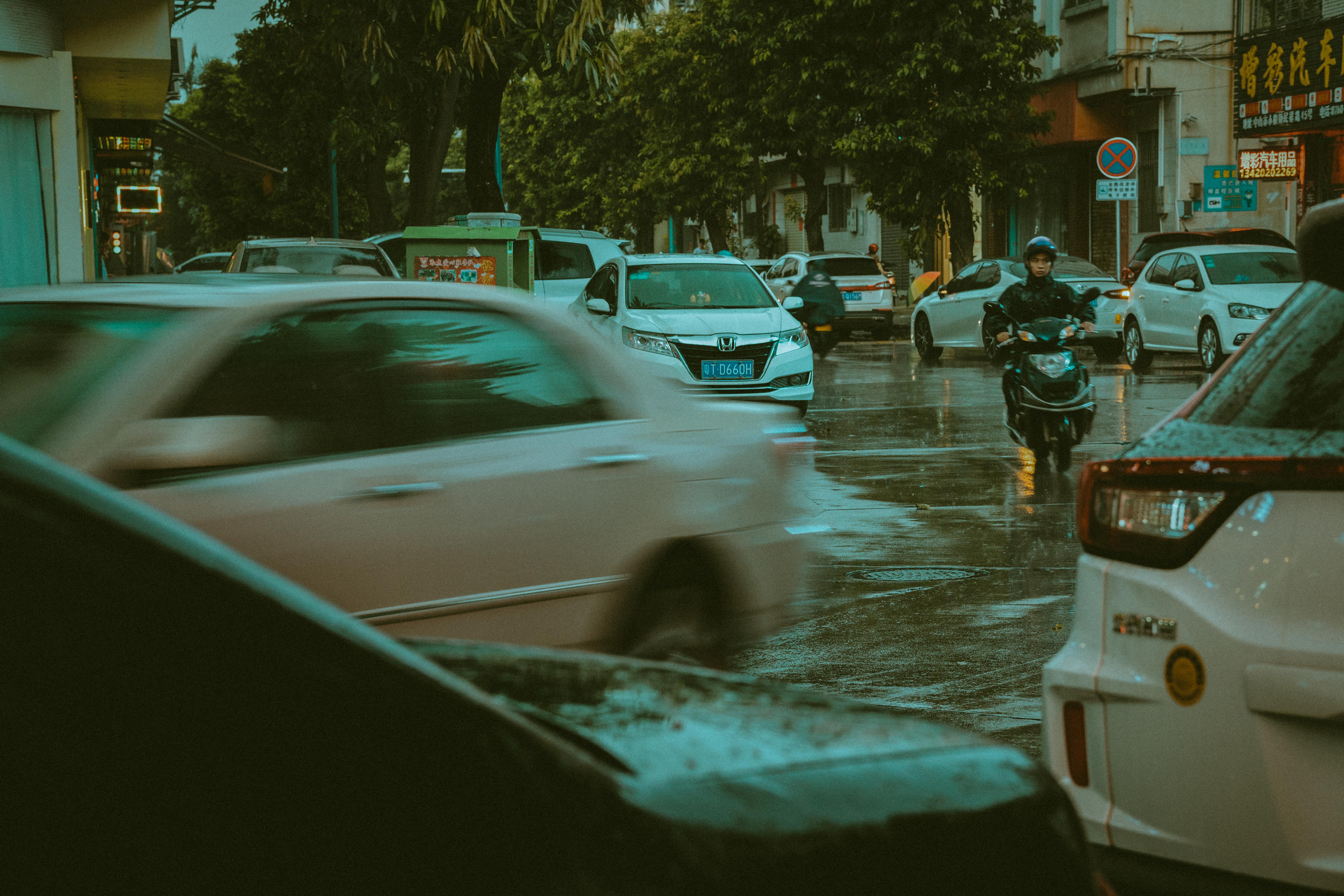 wet vehicles on a rainy day