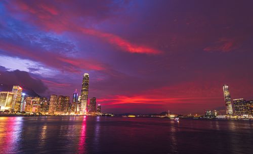 Free Stunning Hong Kong skyline illuminated at sunset, reflecting on the waterfront. Stock Photo