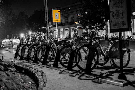 Row of bicycles parked on a city sidewalk at night, black-and-white setting.
