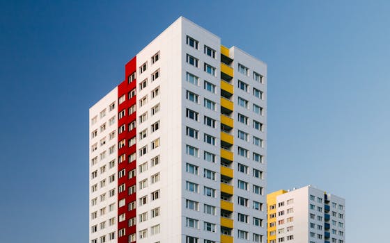 High-rise minimalist apartment building in Berlin with red and yellow accents.