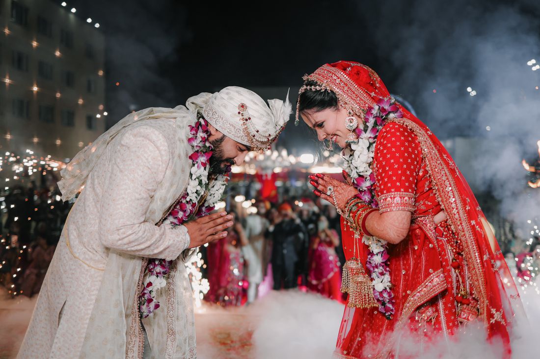Bride and groom at the varmala
