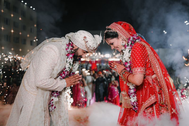 Bride and groom at the varmala