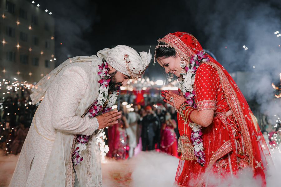 Bride and groom at the varmala