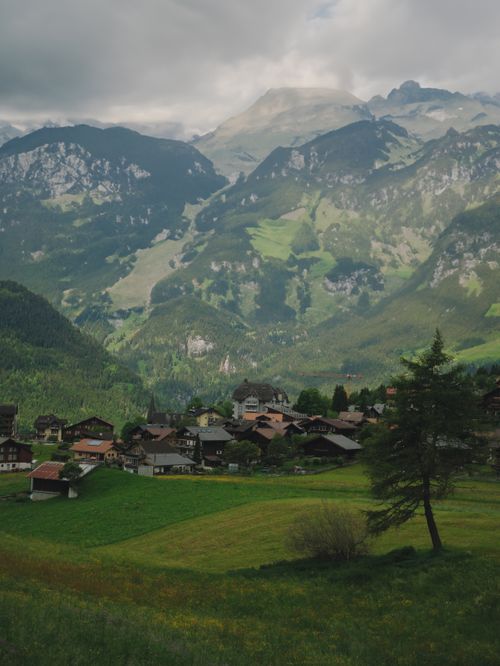 Free Picturesque view of Lungern village nestled amidst Swiss Alps. Stock Photo