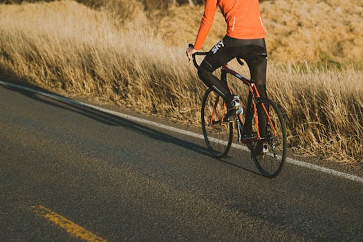 A cyclist rides a road bicycle along a scenic outdoor path, enjoying a sunny day.