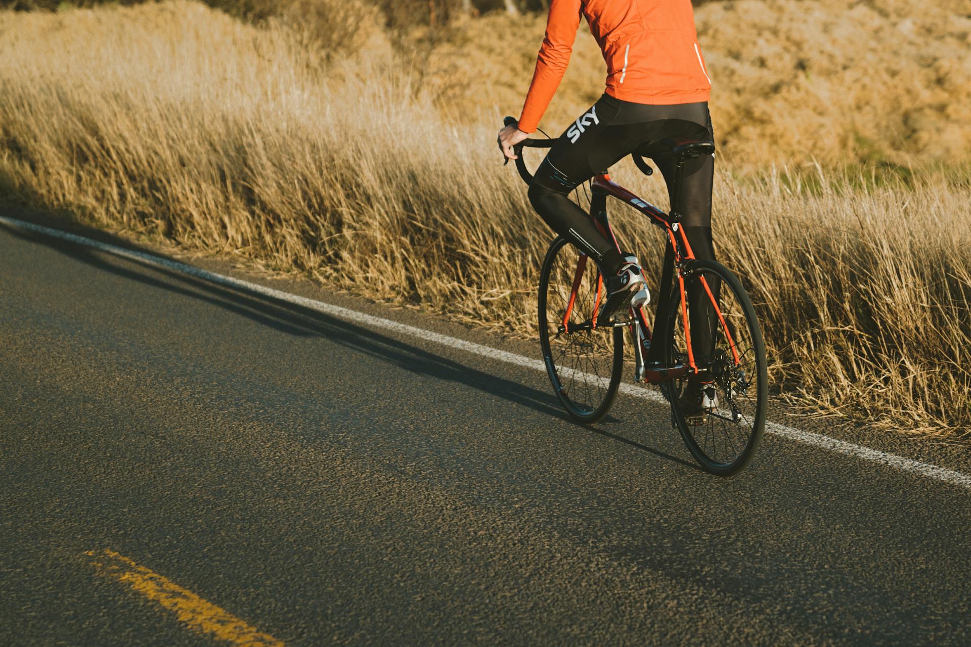 A cyclist rides a road bicycle along a scenic outdoor path, enjoying a sunny day.