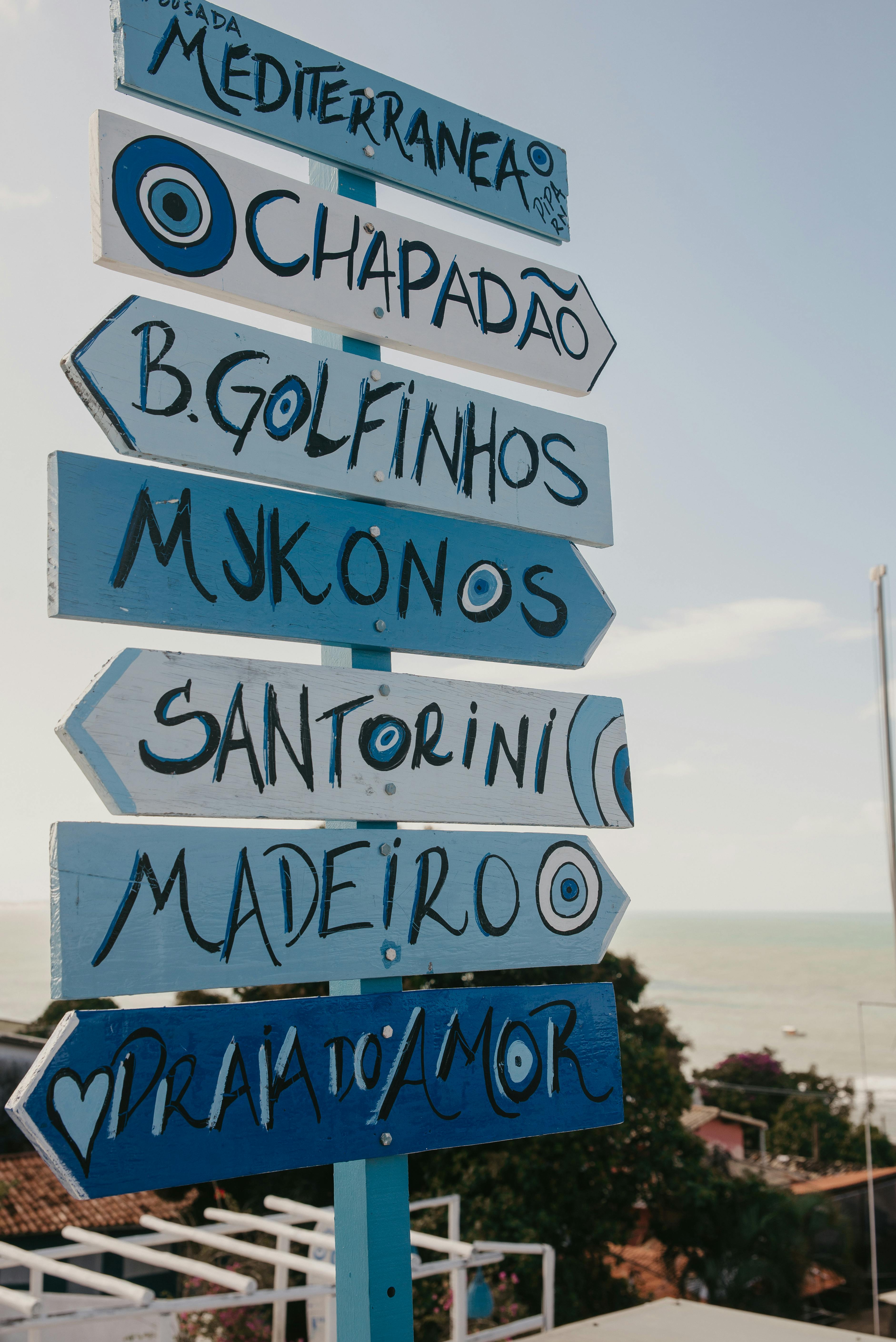 A vibrant signpost depicting various travel destinations against a coastal backdrop.