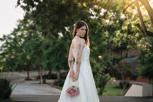 Bride with tattoos in a wedding dress posing outdoors holding flowers in Santiago de Querétaro.