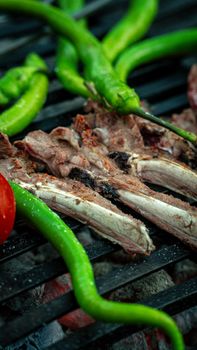 Juicy lamb chops and green peppers grilling over hot coals.