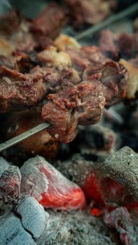A delicious meat skewer sizzling on a charcoal grill, perfect for outdoor barbecues.