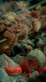 Juicy meat skewers sizzling on hot coals, perfect for BBQ lovers and cooking enthusiasts.