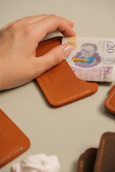 Close-up of a woman's hand with a British £20 note in a leather wallet, symbolizing luxury and finance.