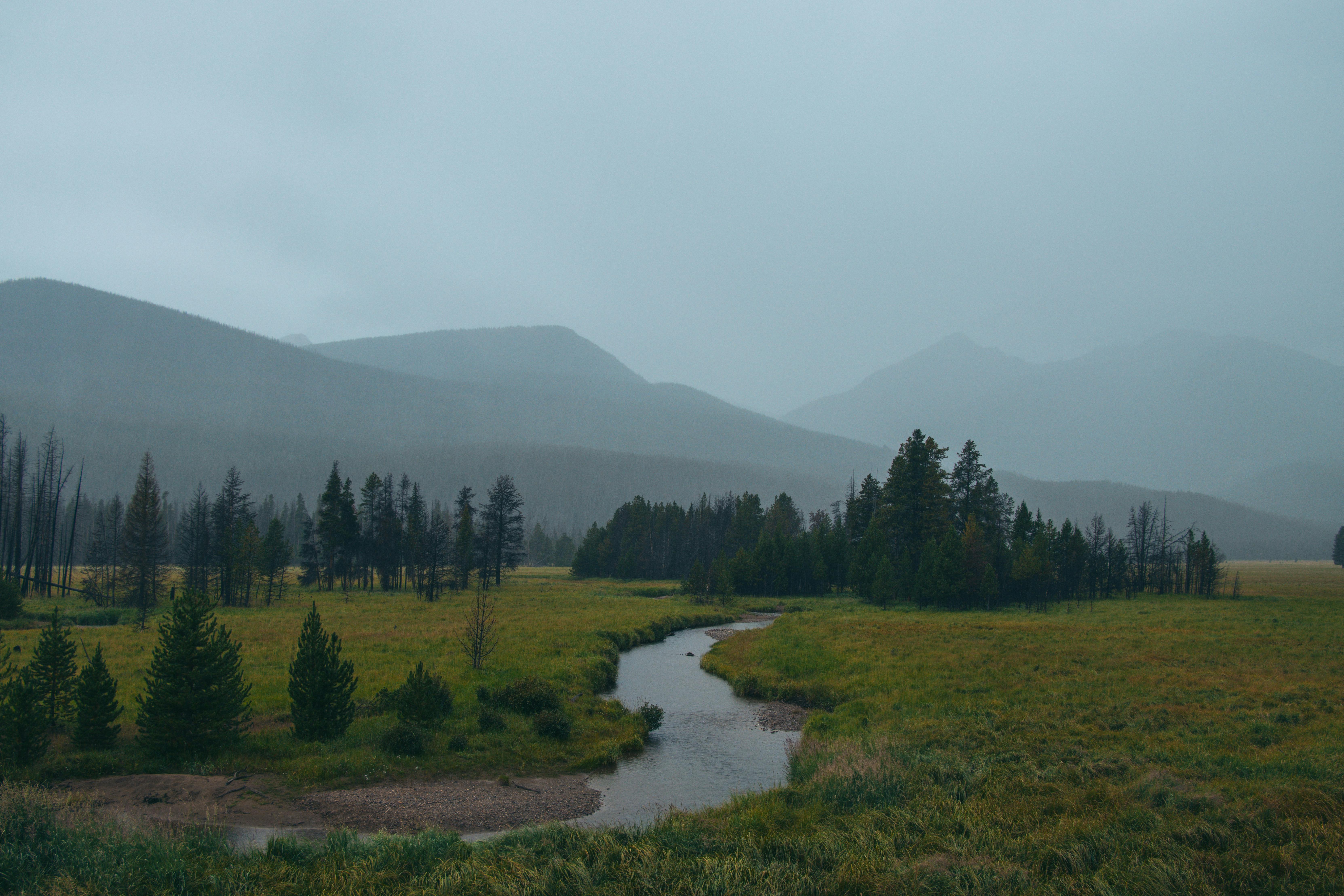 a river runs through a field in the mountains