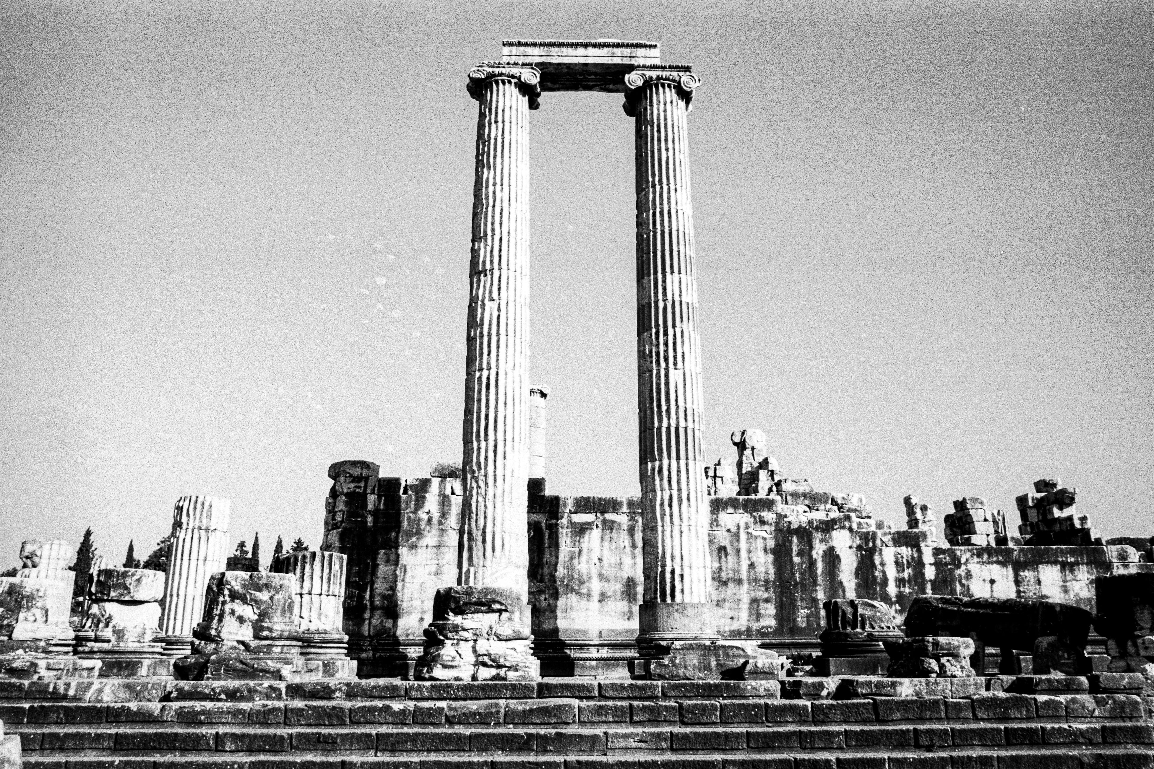 Ancient ruins of the Temple of Apollo in Didim, Türkiye captured in a vintage black and white style.