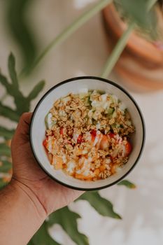 Delicious bowl of granola, fruit, and yogurt held in hand with greenery backdrop.