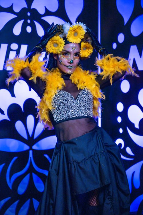Free Colorful Día de los Muertos festival with striking Catrina costume in Mexico City. Stock Photo