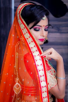 一位身着传统印度服装、佩戴精致珠宝并化着妆容的女性，充满活力的肖像