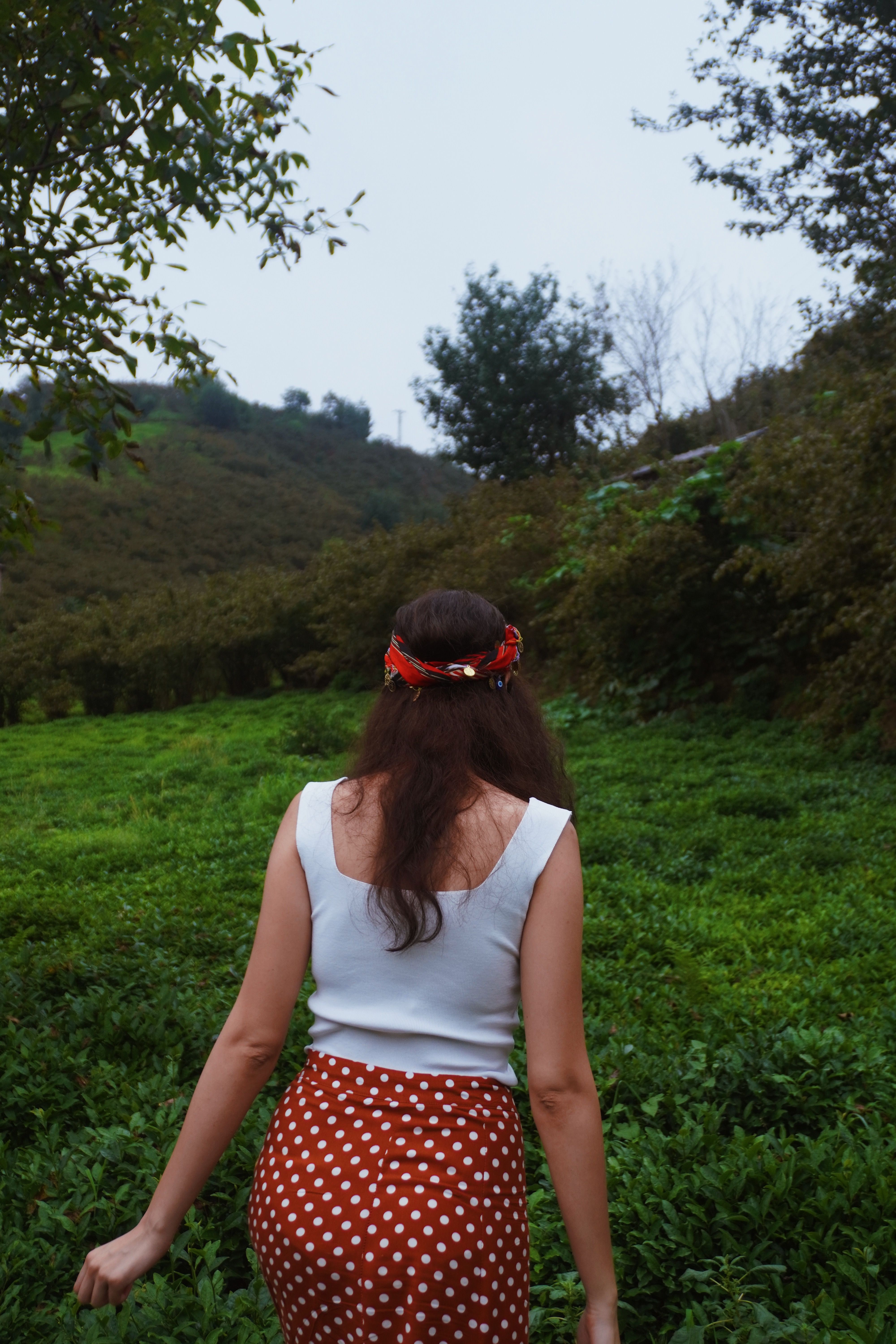 A woman in a polka dot dress walking through a field · Free Stock Photo