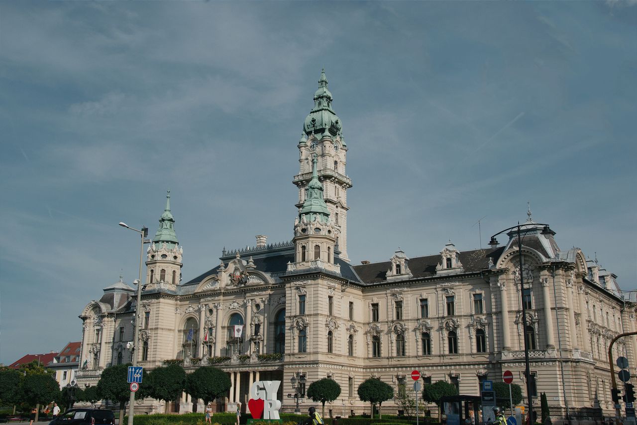 beautiful day view of the historic gy r city hall with clear blue sky