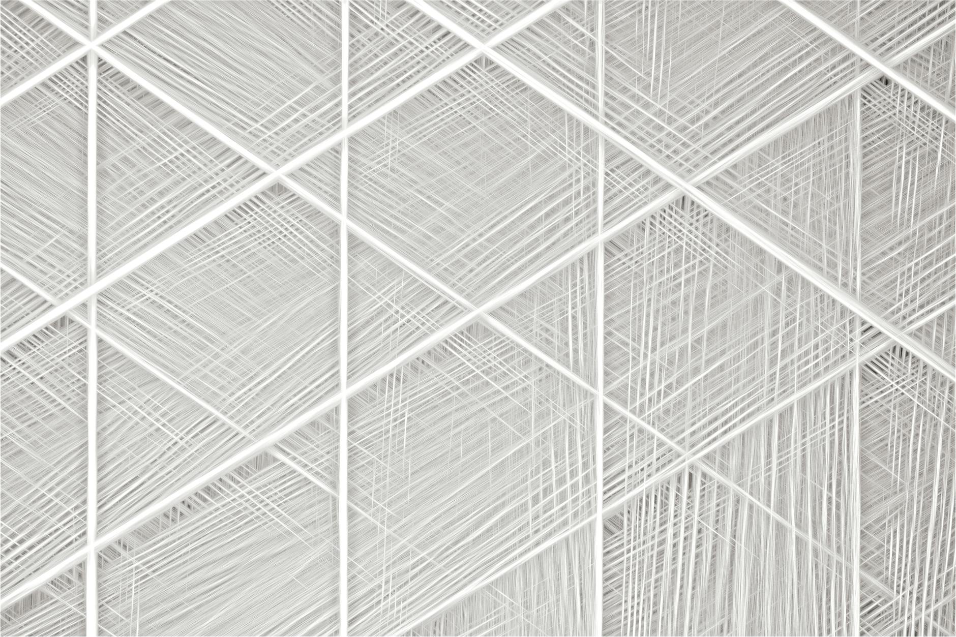 Complex geometric design featuring white intersecting lines and sharp angles.