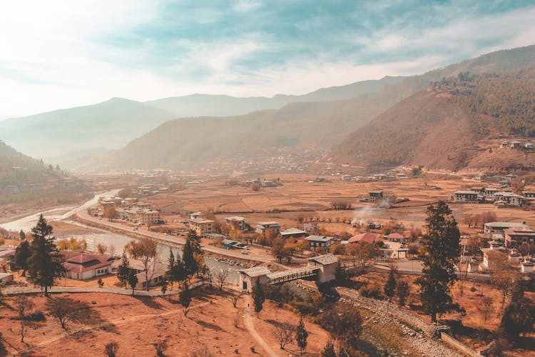 Aerial View Of Town In Bhutan